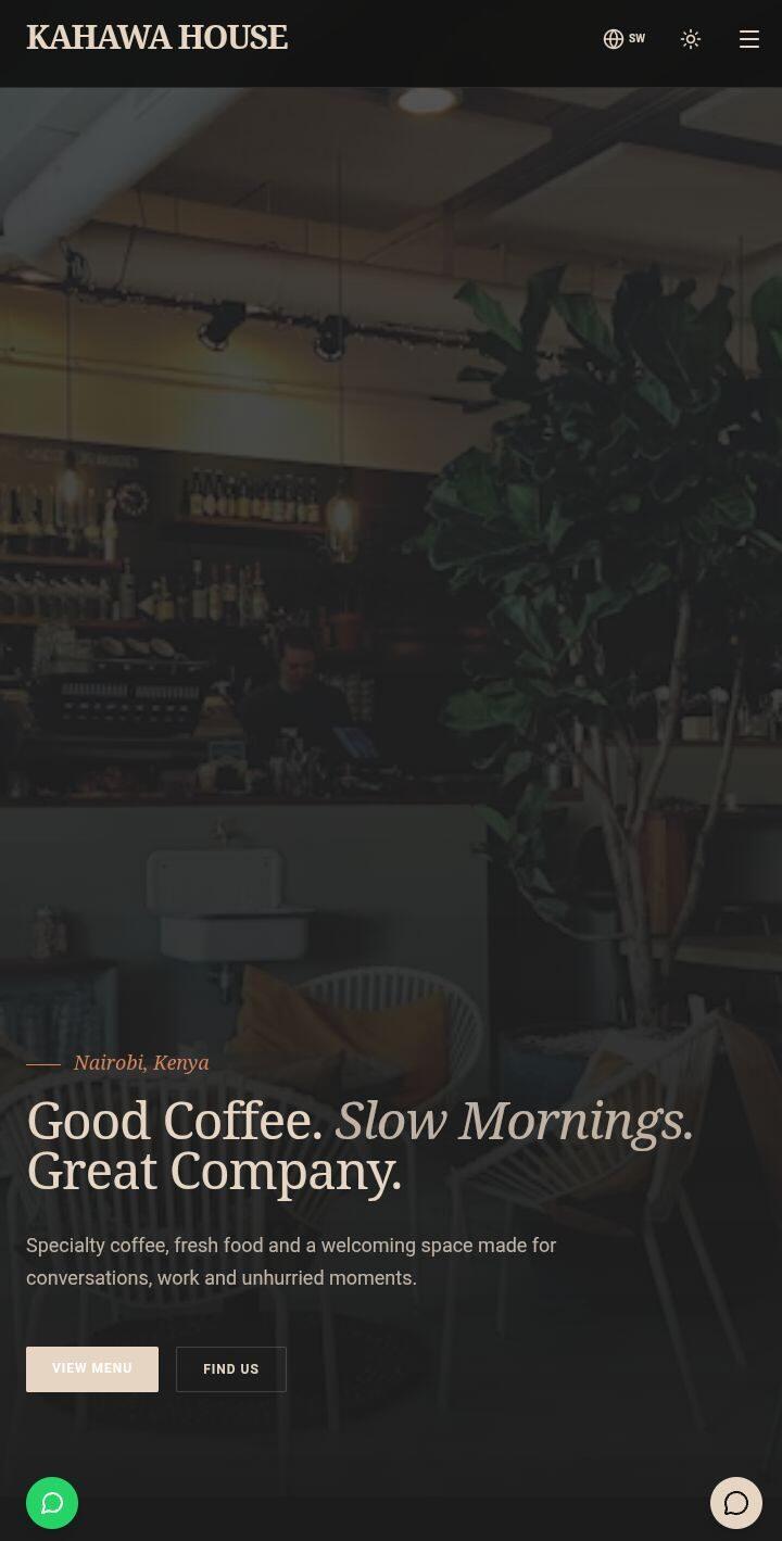 Mobile homepage of the Kahawa House website